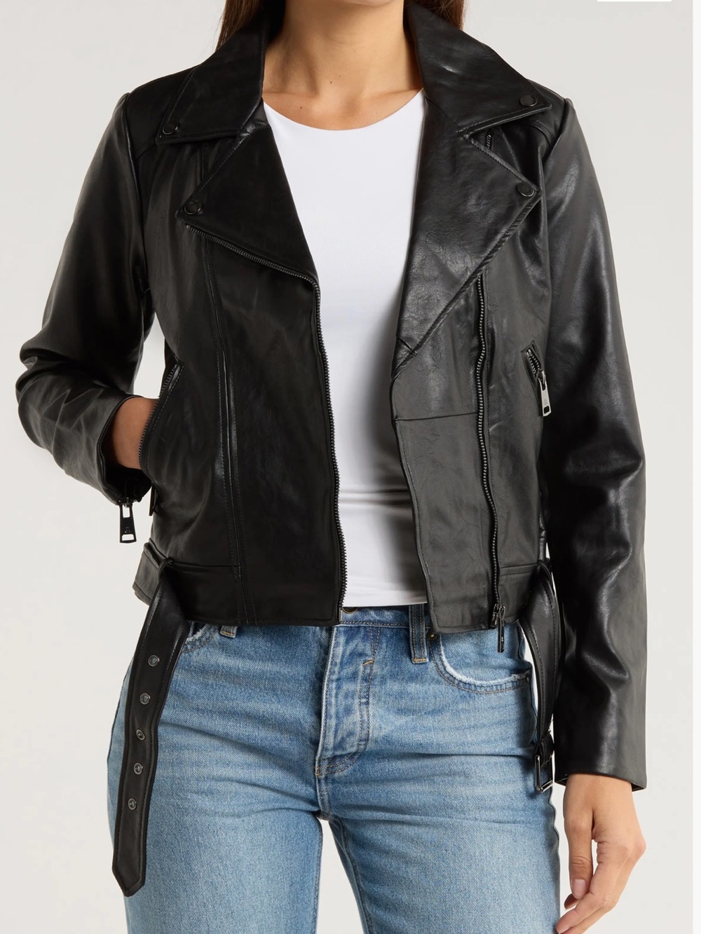 Elodie Black Faux Leather Moto Jacket with Belt NWT Size M